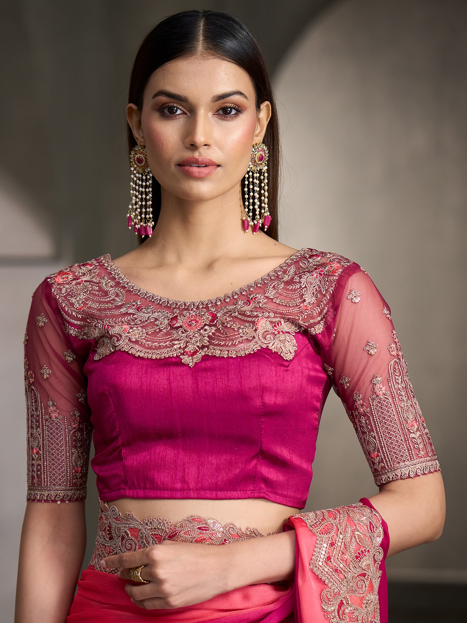 Unstitched magenta banglori silk blouse piece with embellished design
