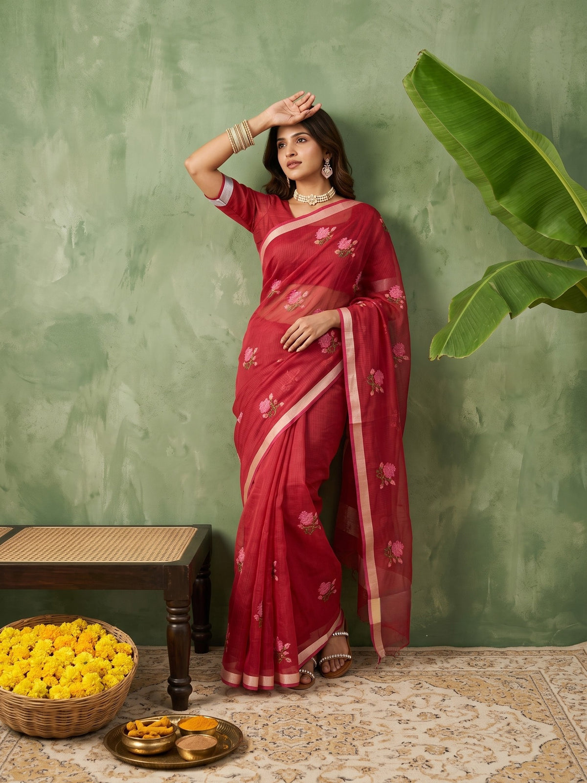 Red Kota Doria Cotton saree – detail view 2