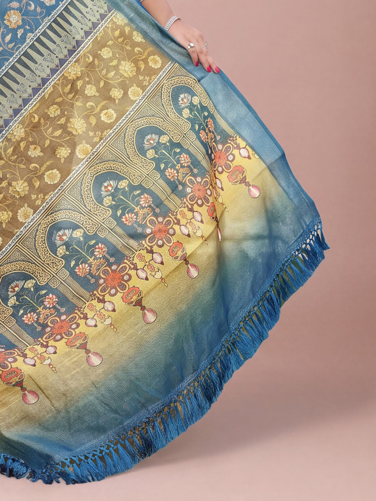 Pallu detail of teal blue cotton silk saree showing botanical floral and leaf design and zari border