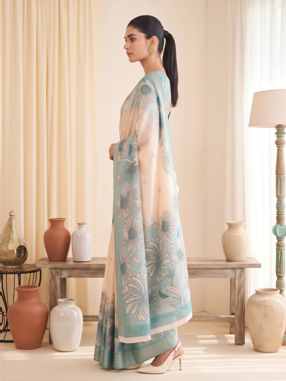 White Satin Silk saree – detail view 2