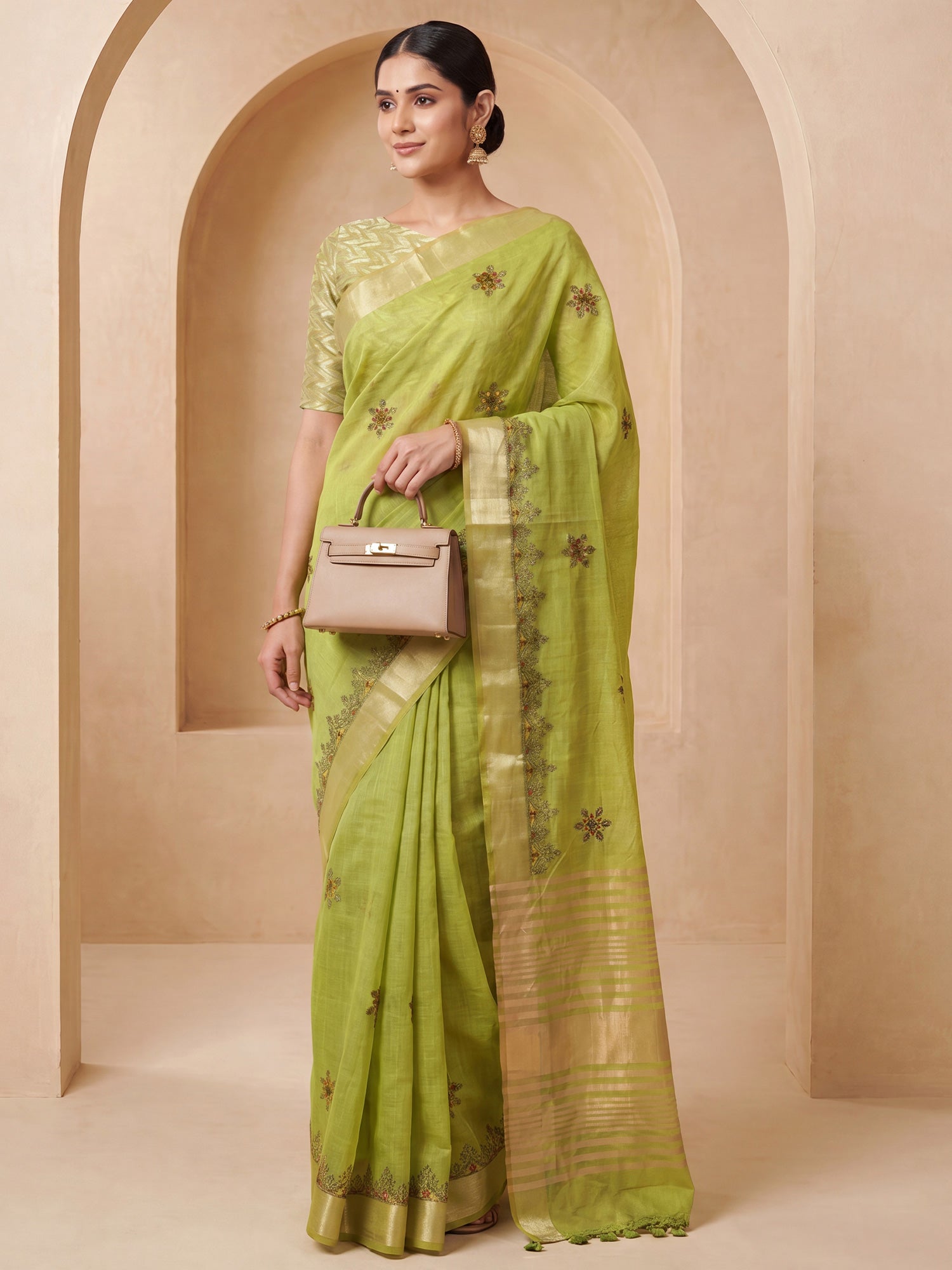 Lime Green Cotton Linen saree – detail view 1