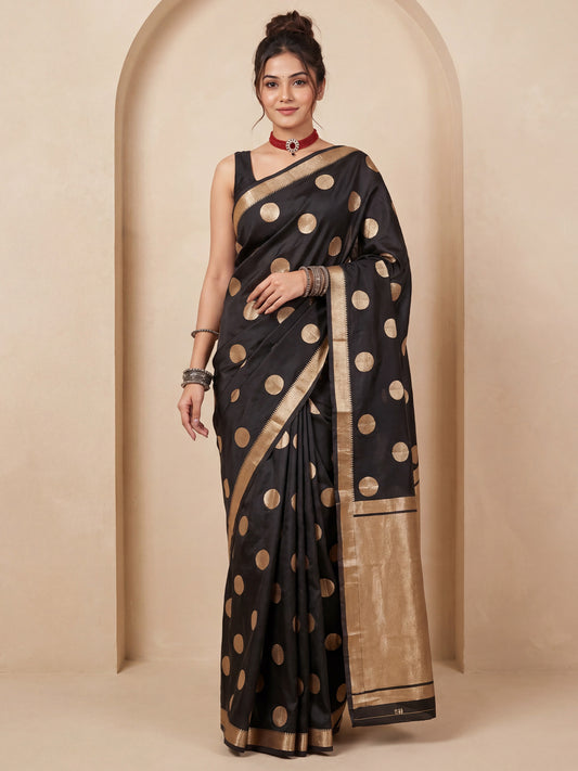 Woman wearing black silk blend saree with zari butta (metallic motif) work and black blouse