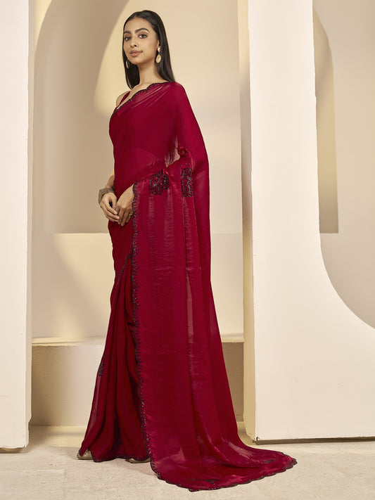 Red satin silk saree view 1