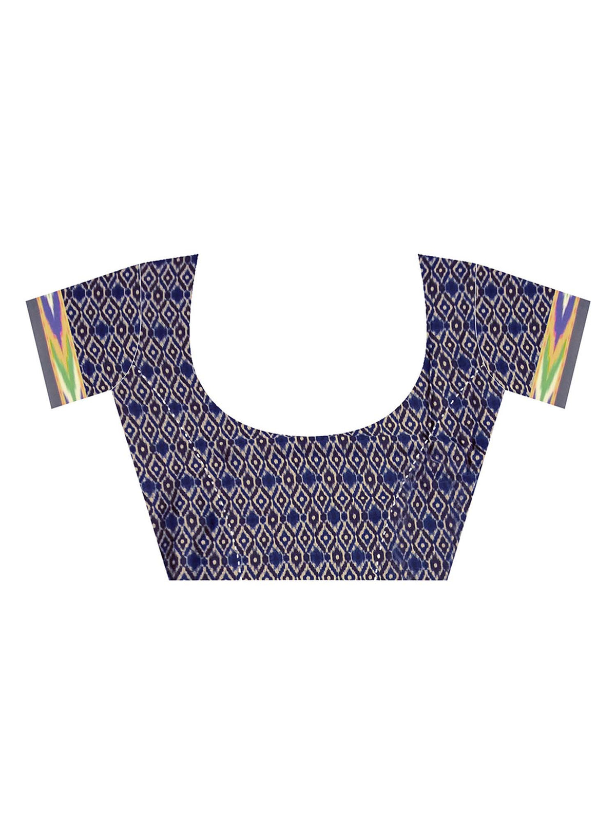 Unstitched navy blue crepe blouse piece with geometric design