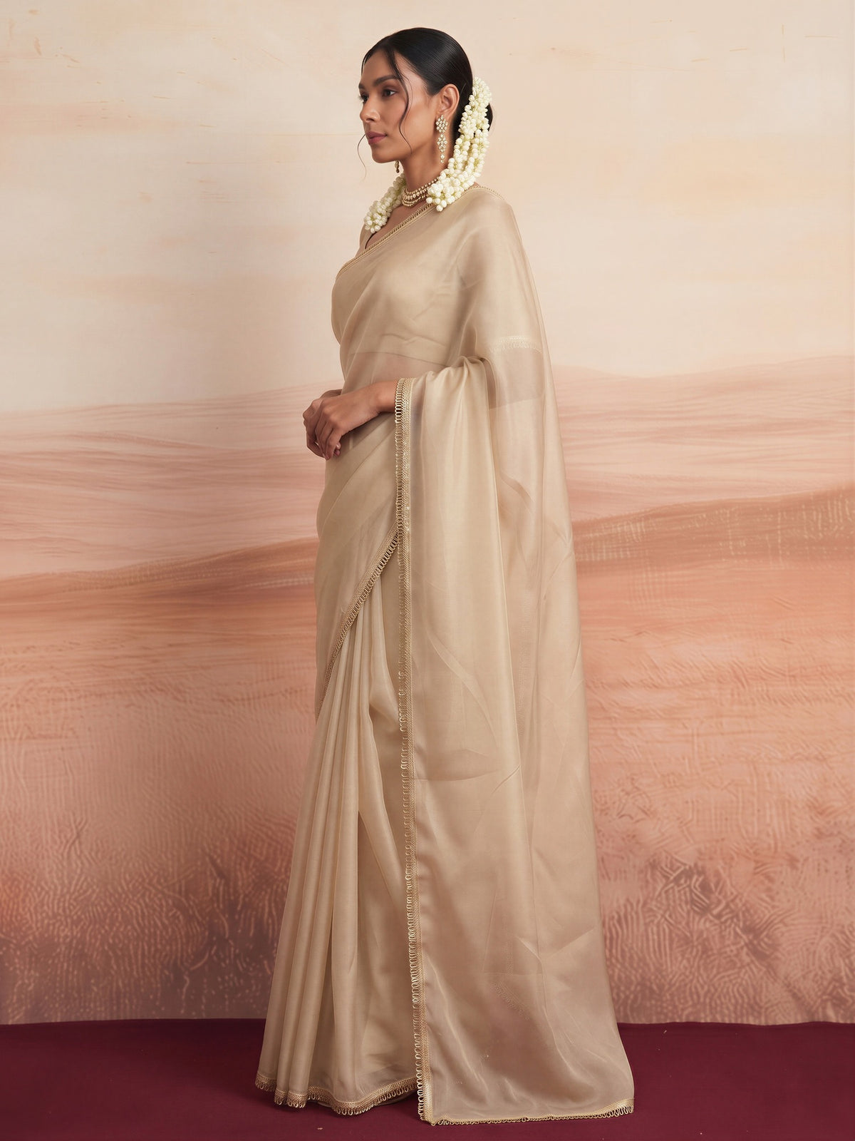 Cream satin silk saree view 2