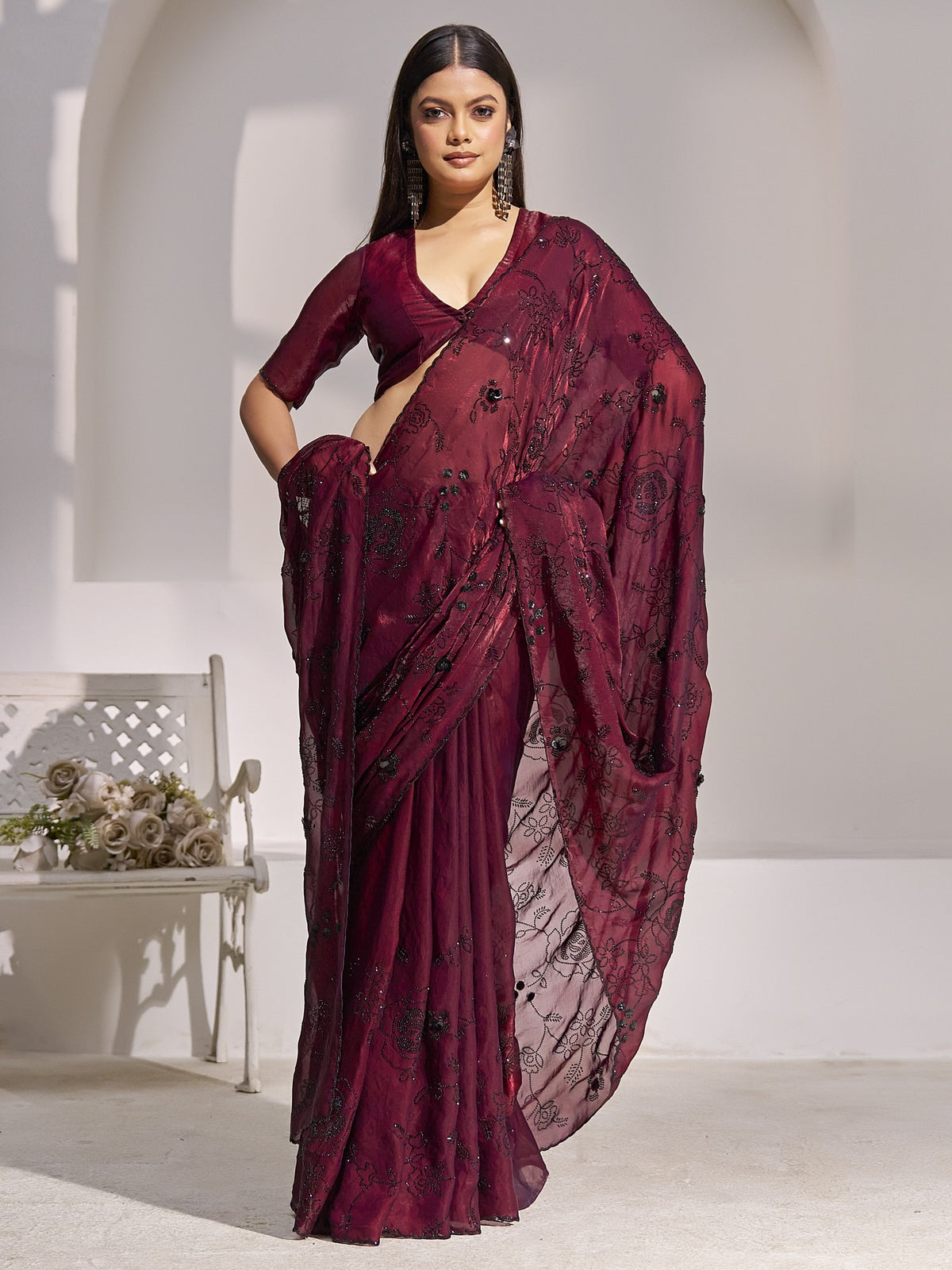 Maroon satin silk saree view 3