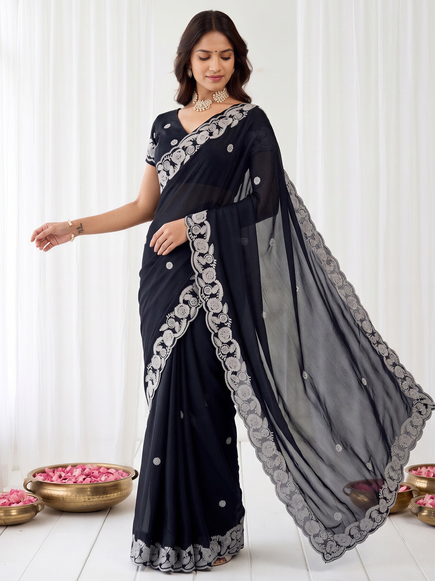 Black Satin saree – detail view 3