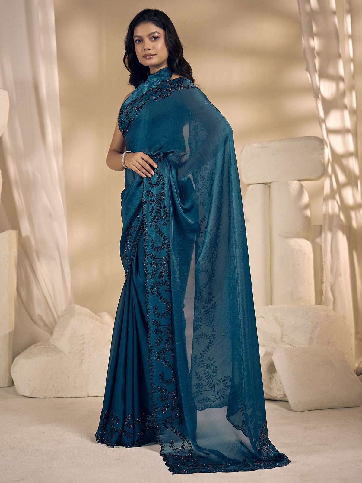Teal Blue satin silk saree view 2