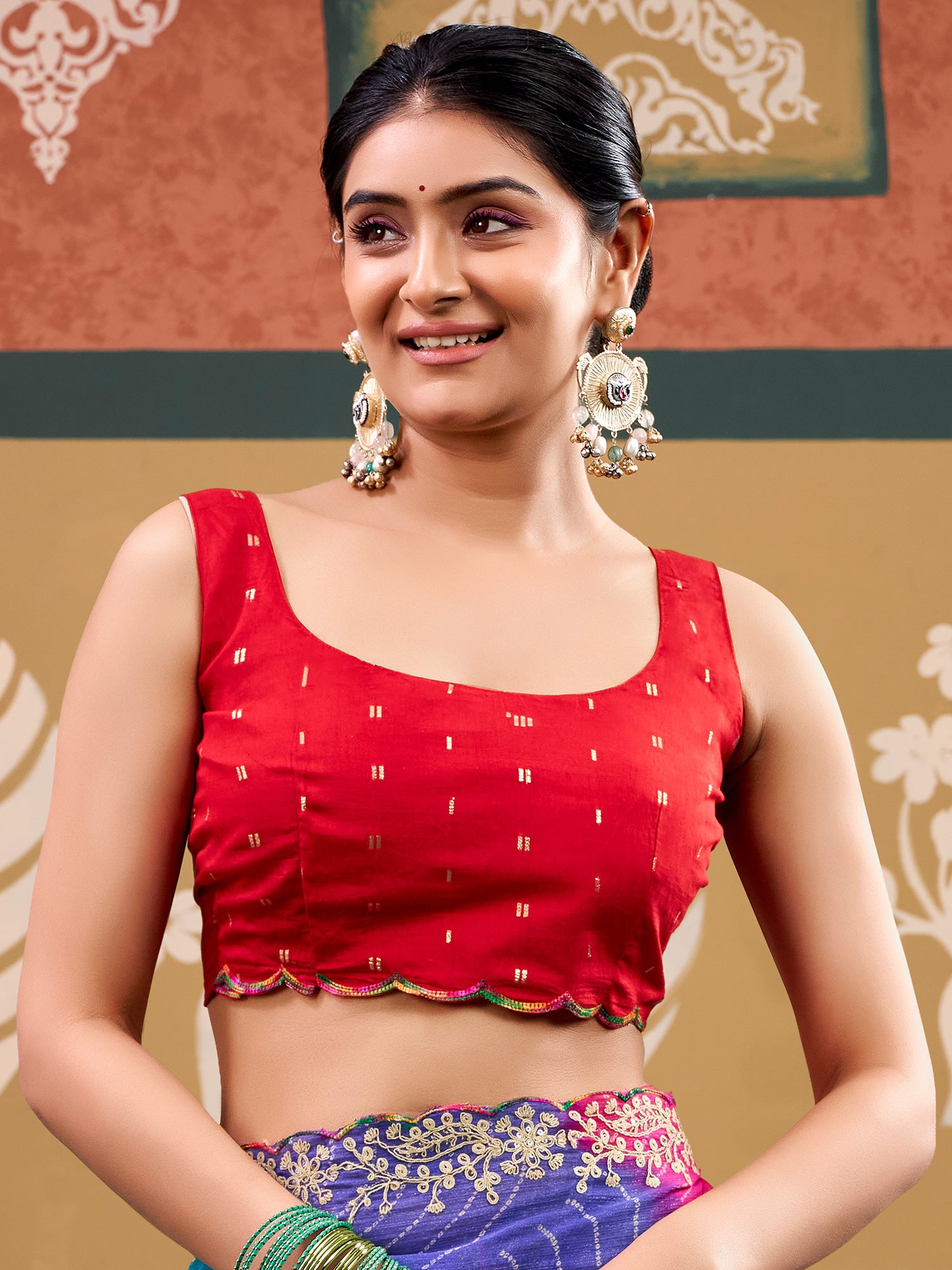 Unstitched red chiffon blouse piece with zari butta design