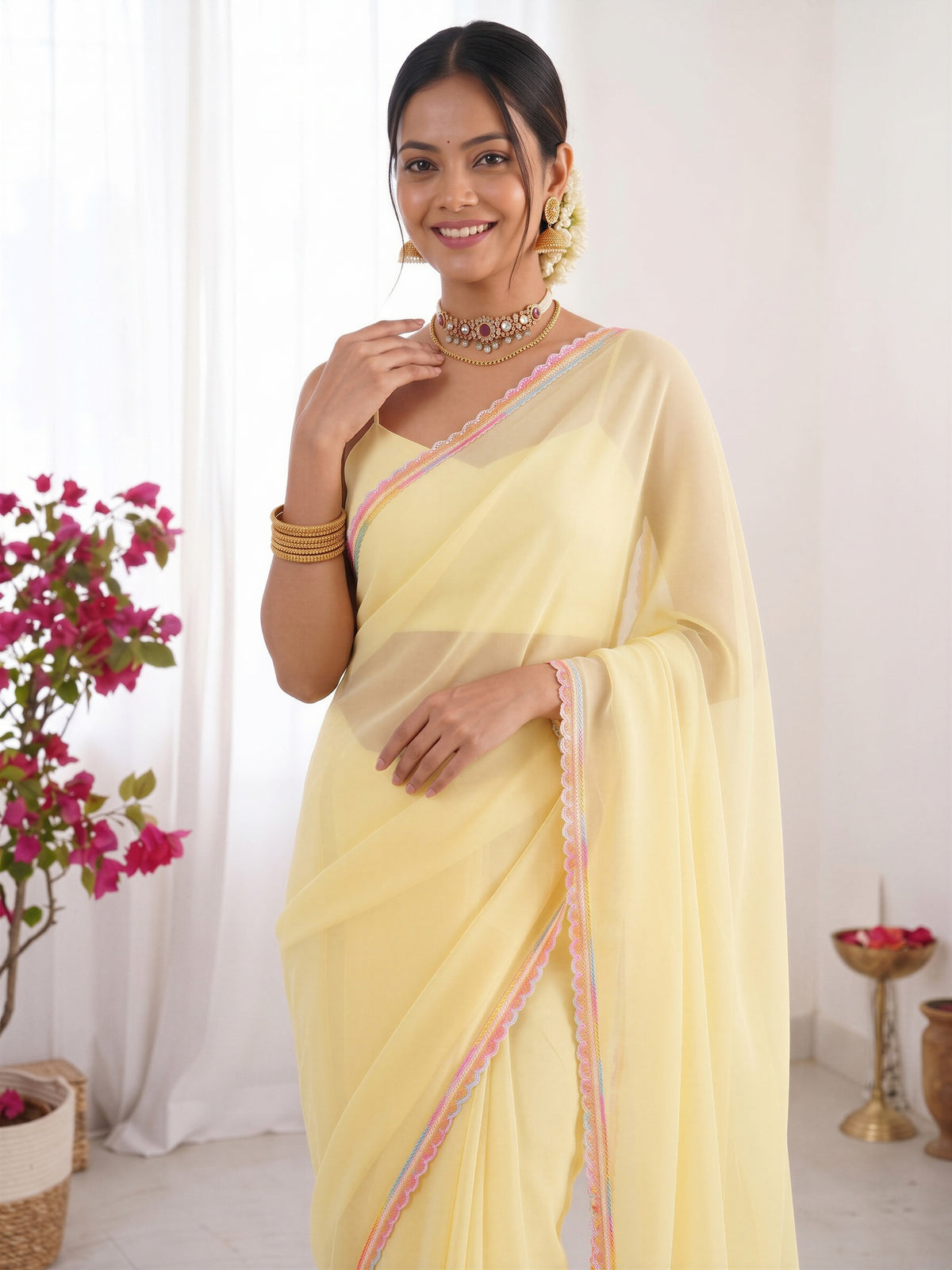 Yellow satin silk saree view 4