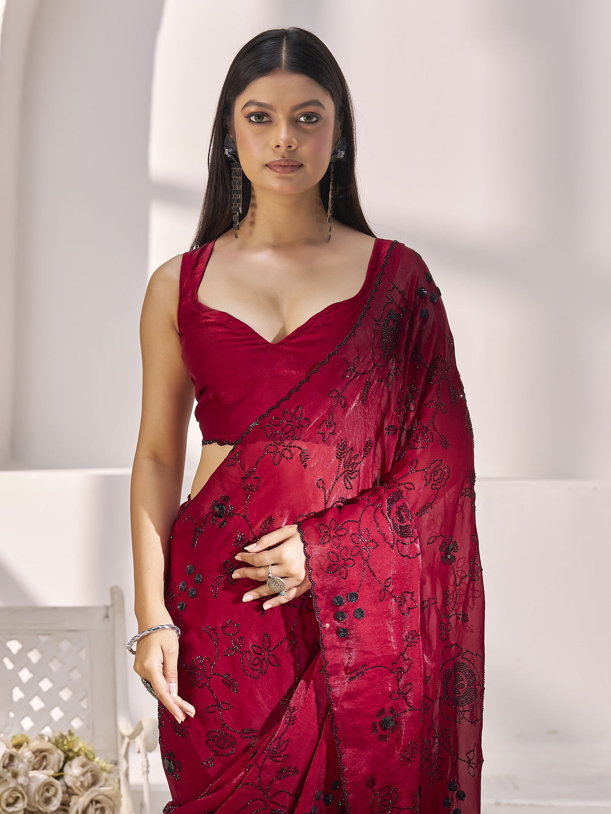 Maroon satin silk saree view 4