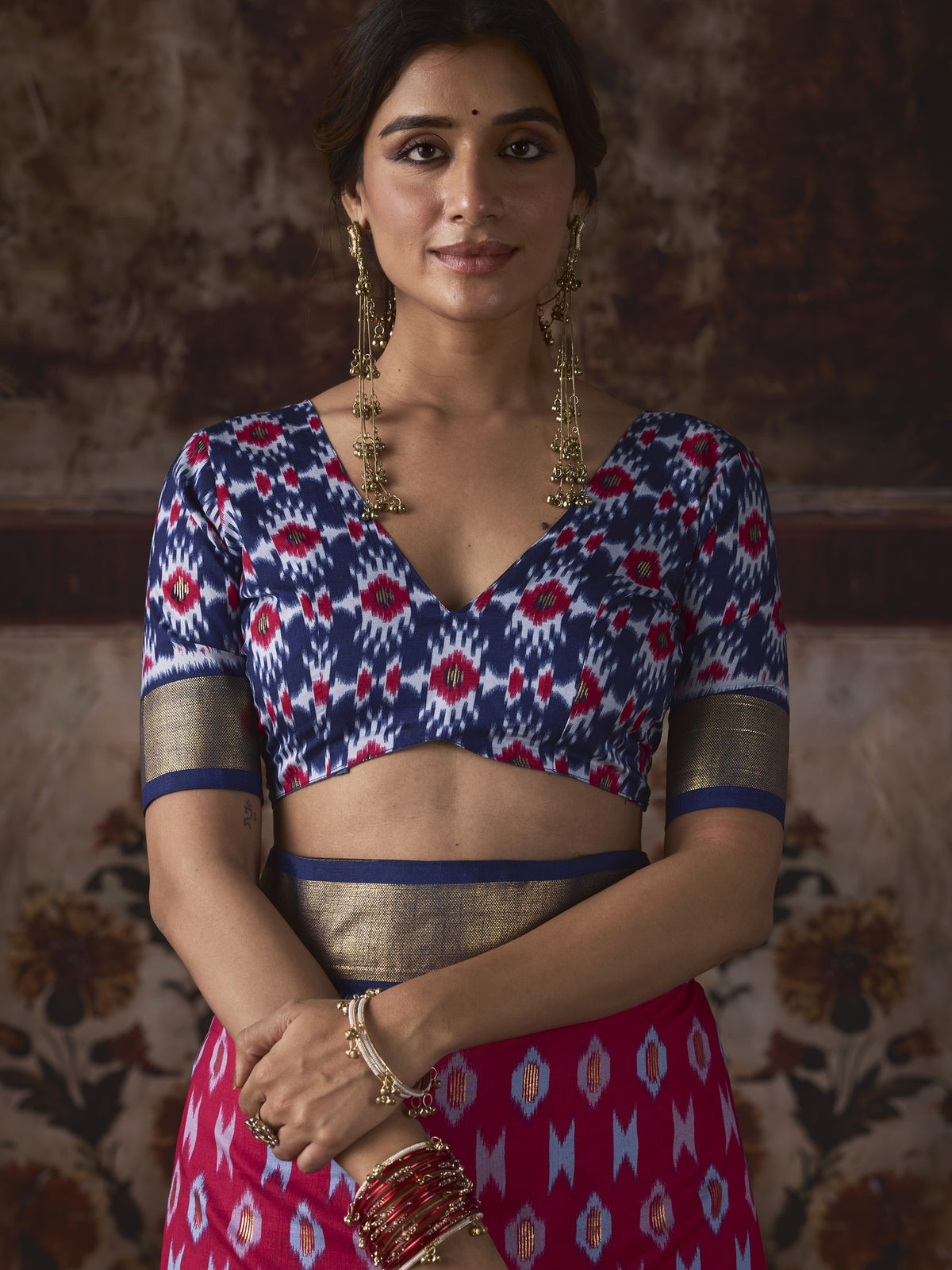 Pink silk blend saree view 1