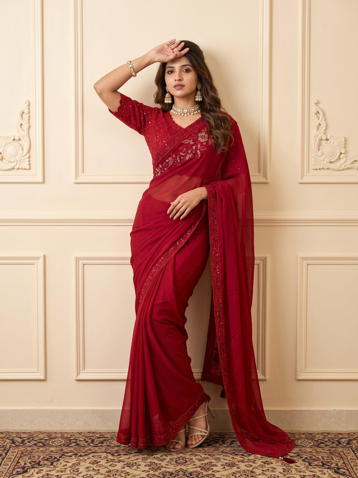 Red Satin saree – detail view 4