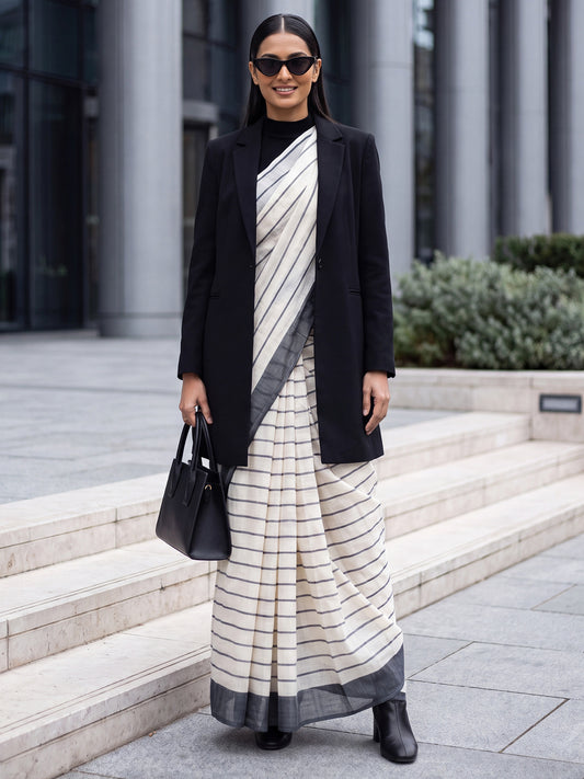 Woman wearing off white cotton linen saree with striped pattern design and black blouse