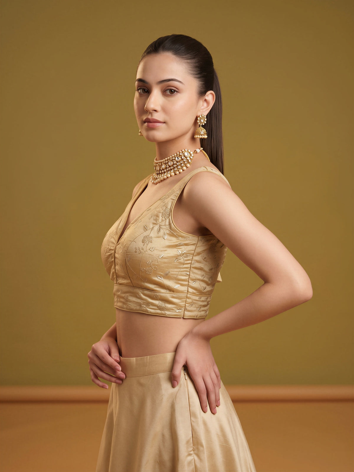 Gold sequin embellished silk blend sleeveless readymade saree blouse with v neck view 2
