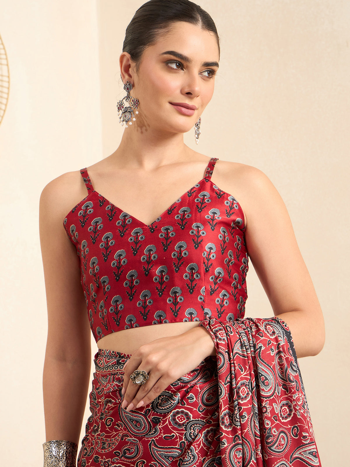 Unstitched maroon crepe blouse piece with floral design