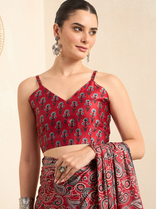 Unstitched maroon crepe blouse piece with floral design