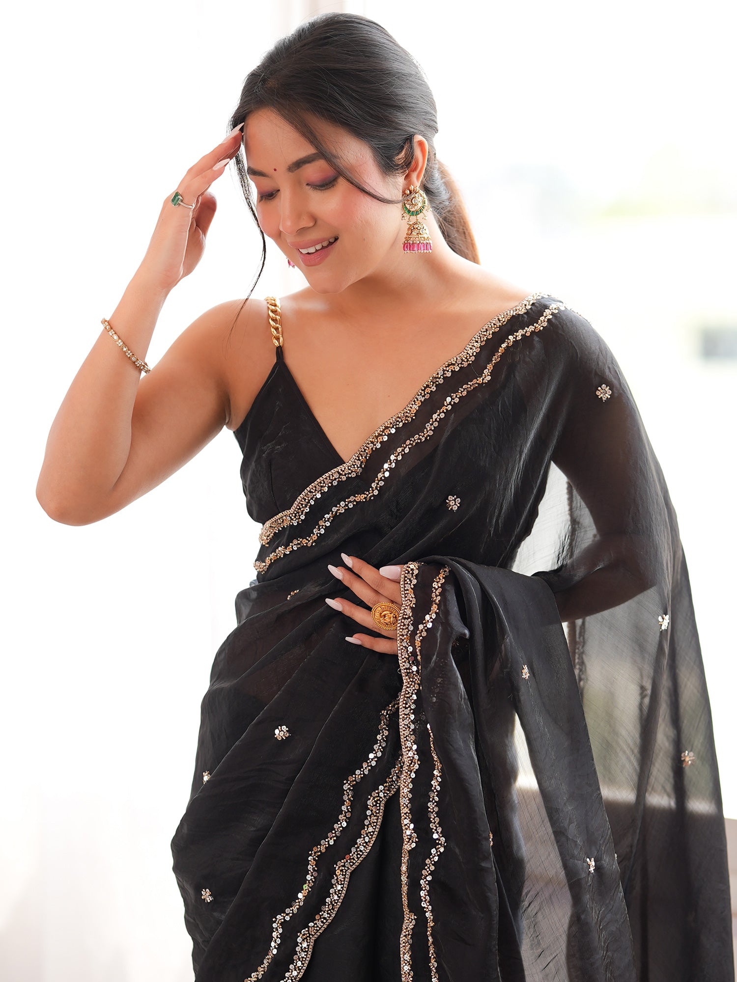 Black Satin Silk saree – detail view 3
