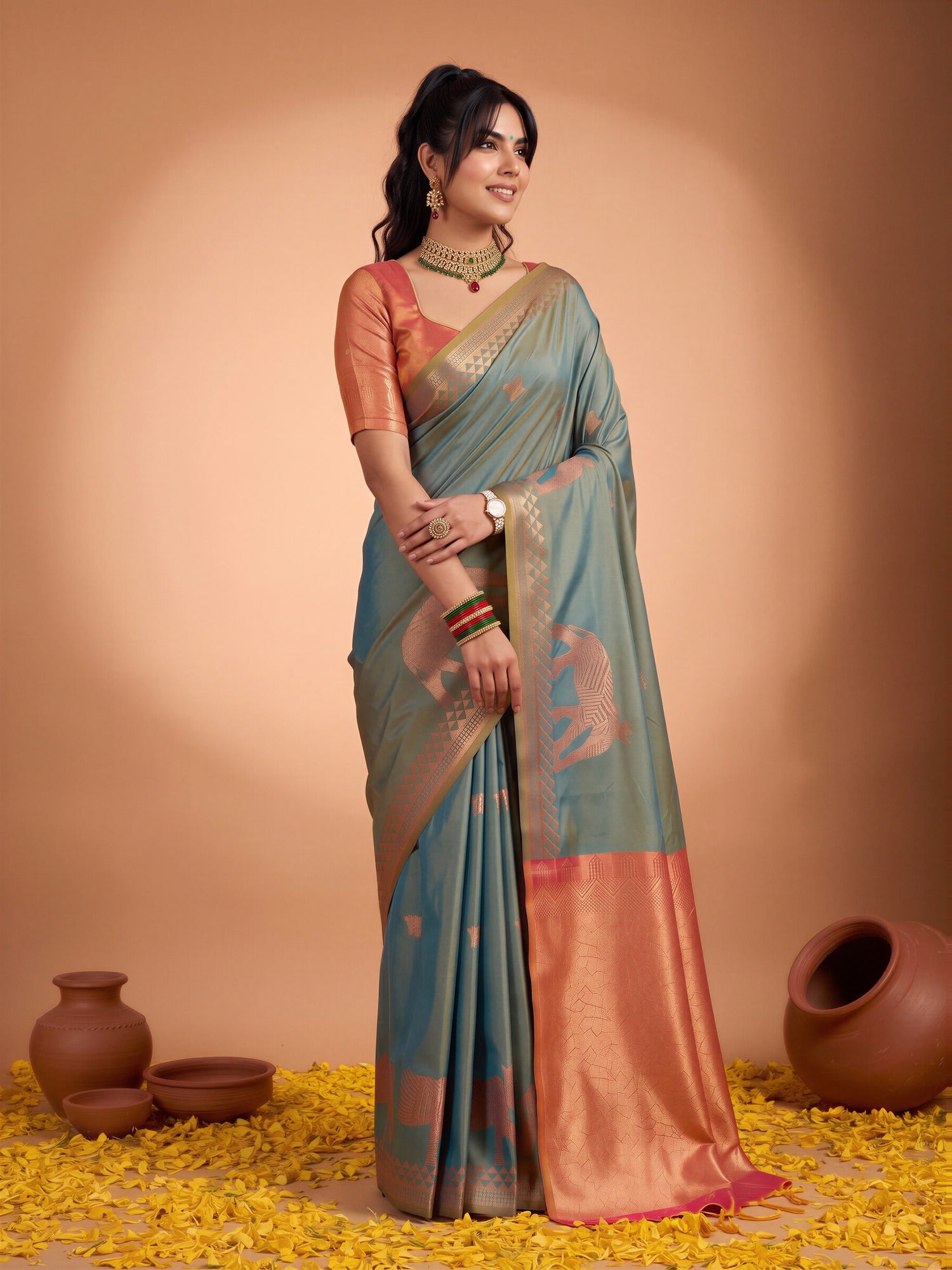 Teal Blue Silk saree – detail view 3