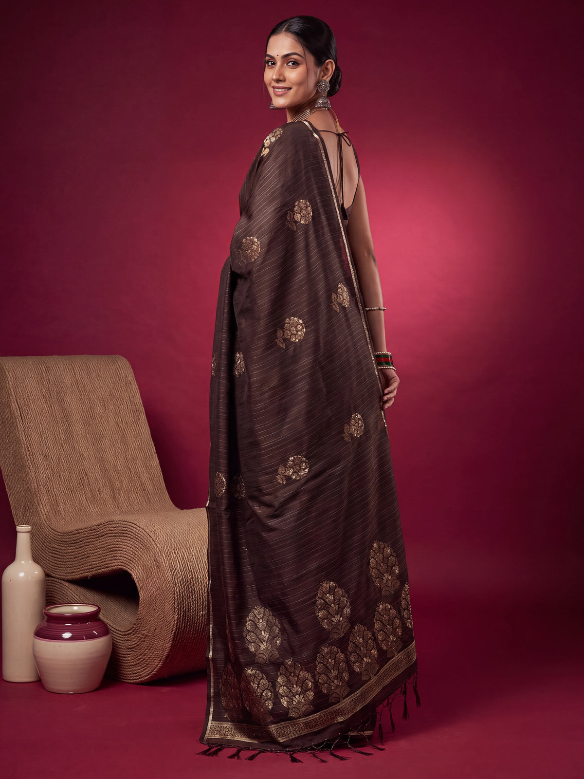 Dark Brown Satin Silk saree – detail view 1