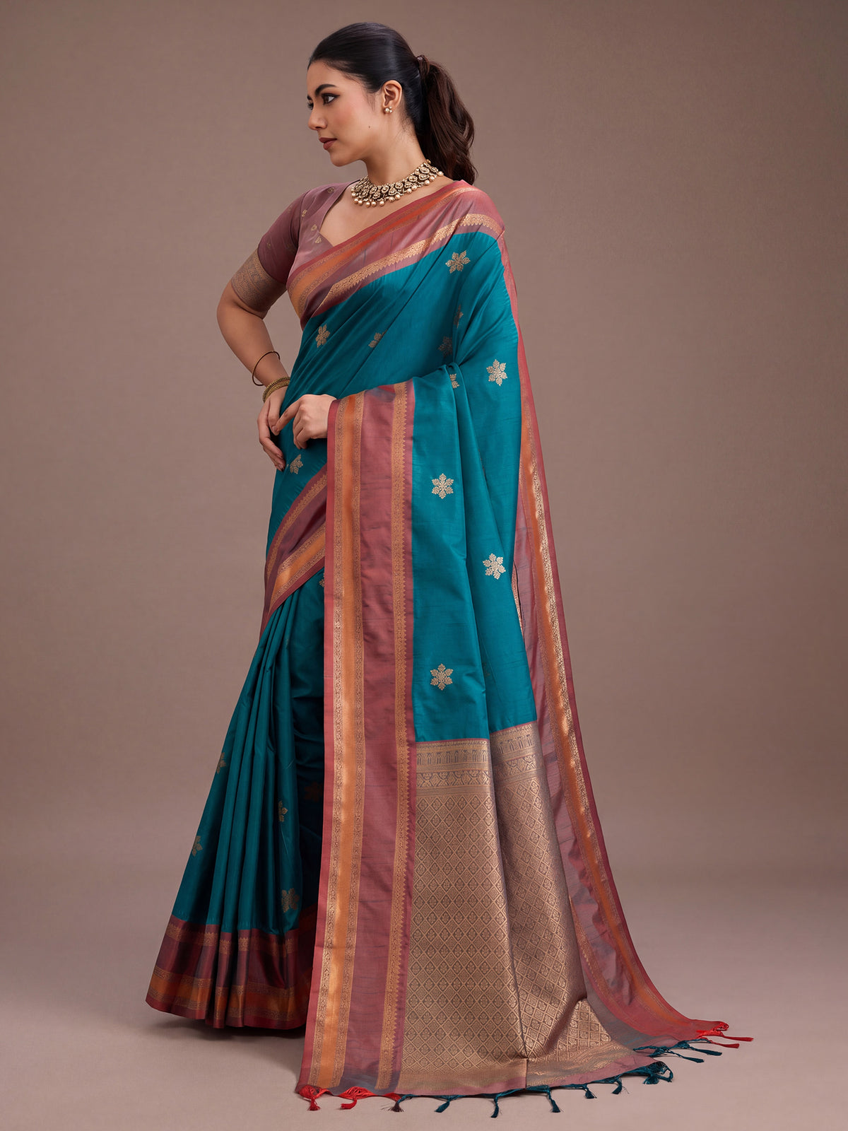 Teal Blue Tussar Silk saree – detail view 2