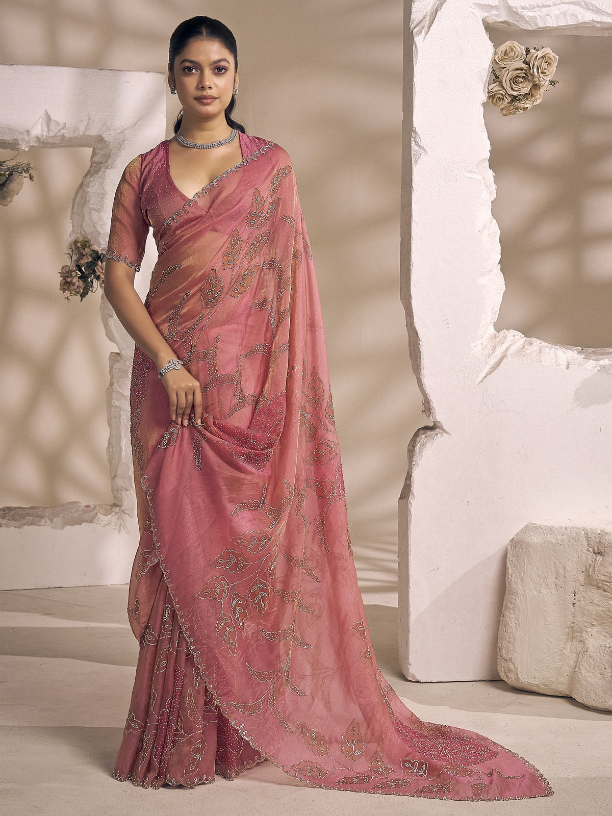 Pink embellished organza saree with pink blouse piece