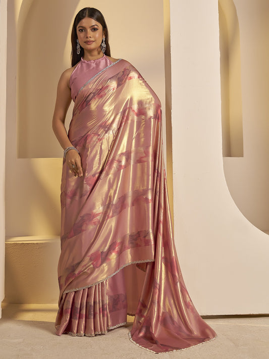 Lavender embellished satin silk saree with lavender blouse piece