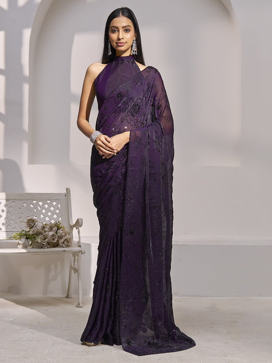 Purple embellished satin silk saree with purple blouse piece