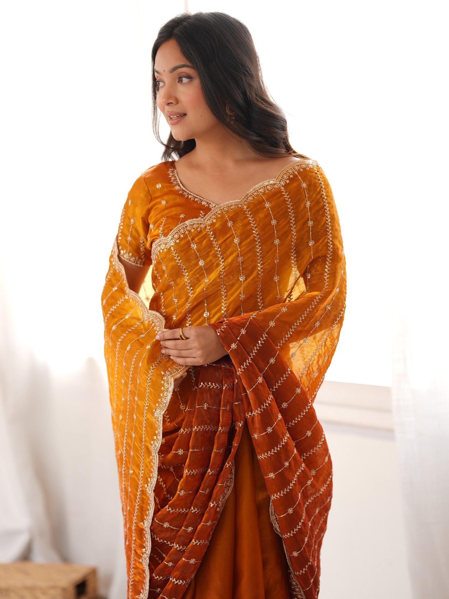 Mustard Satin saree – detail view 3
