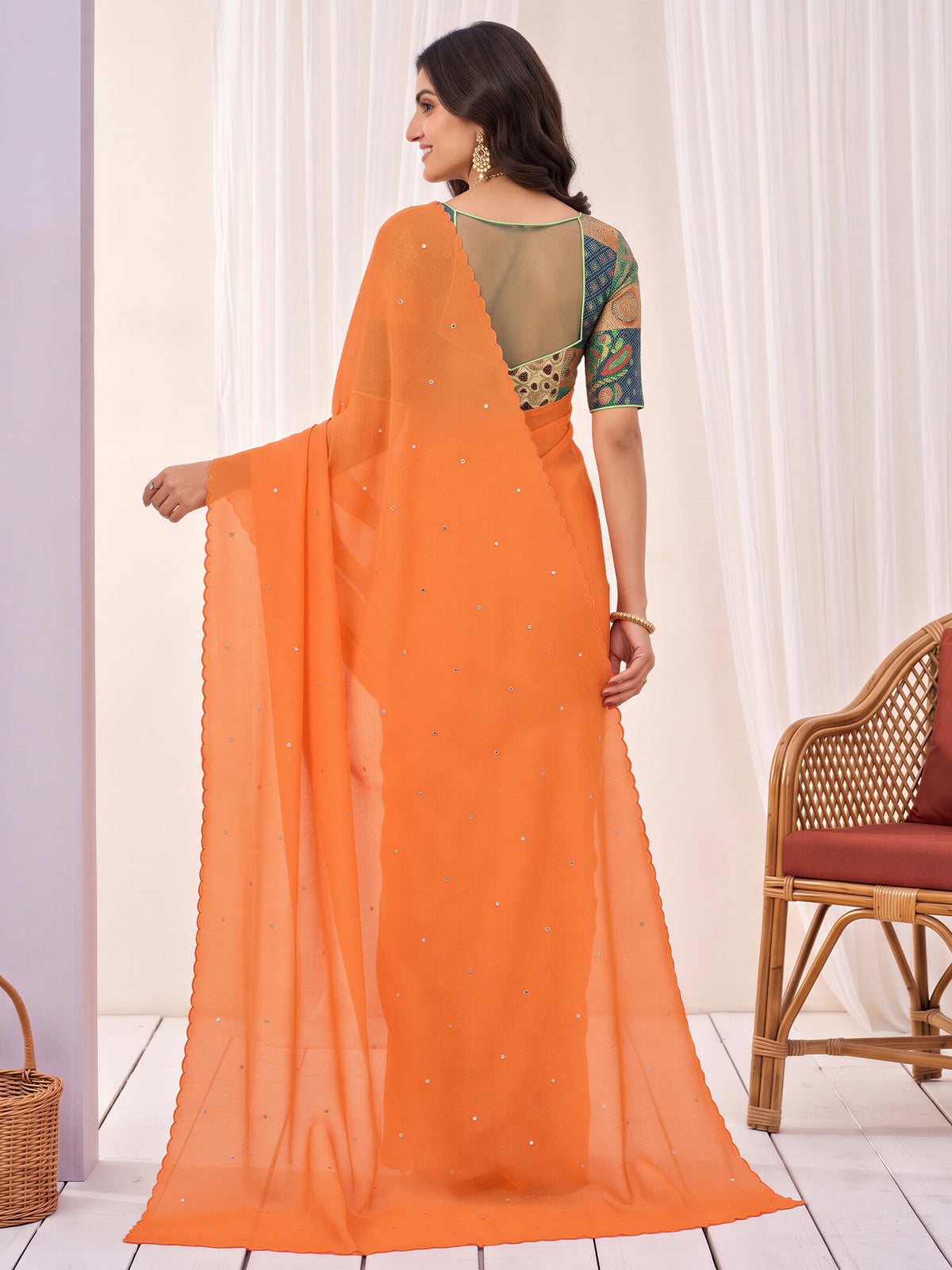 Orange Cotton saree – detail view 1