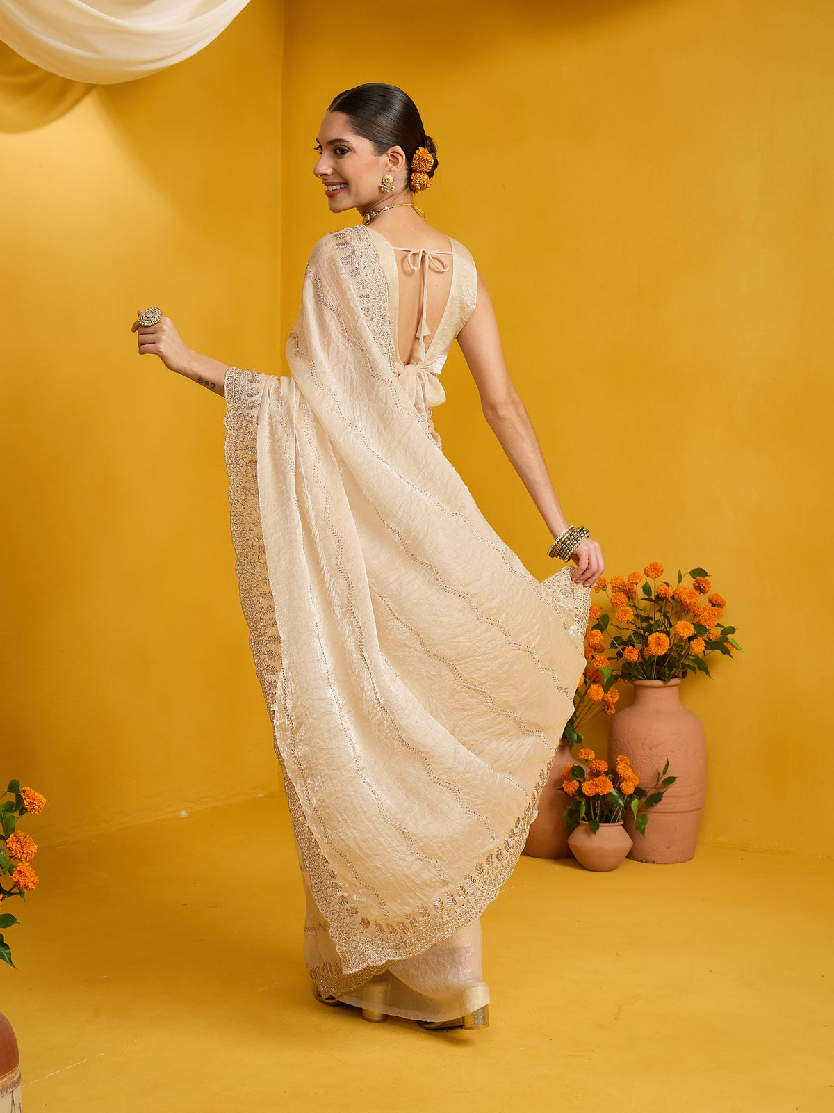 Cream Satin Silk saree – detail view 1
