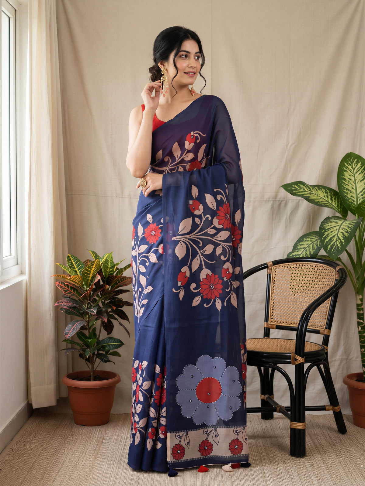 Navy Blue Linen Blend saree – detail view 1