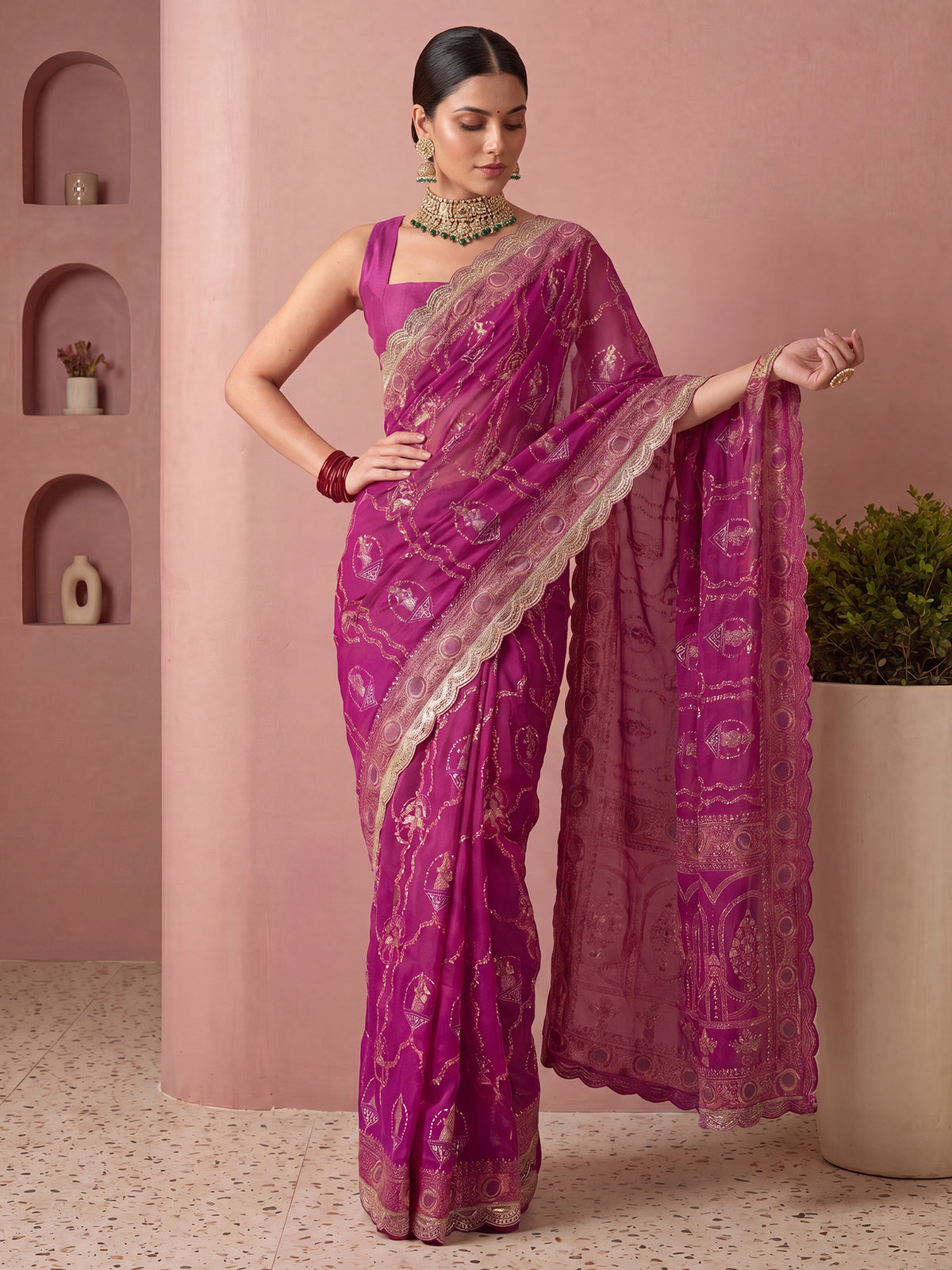 Pink Vichitra Silk saree – detail view 3