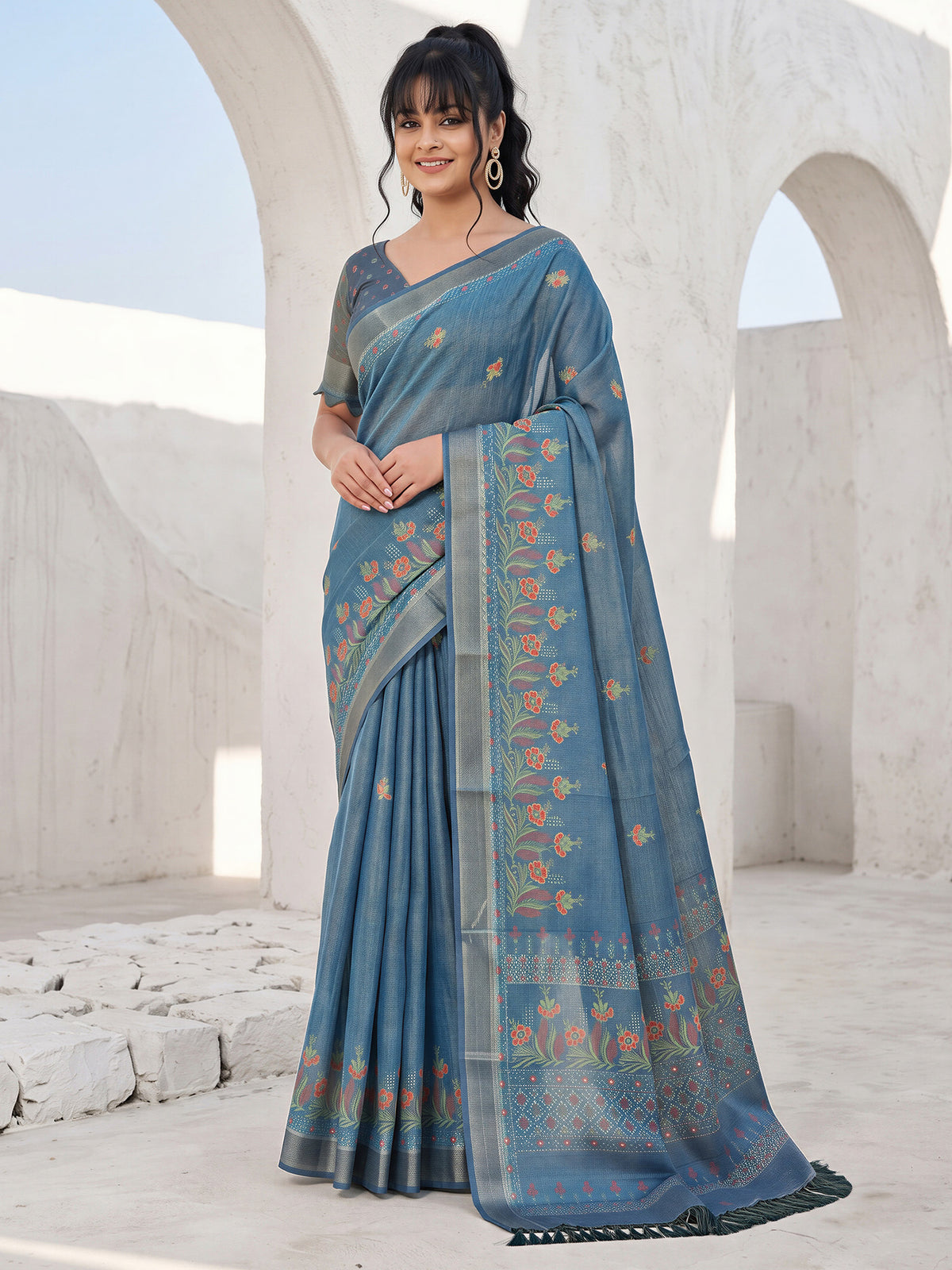 Teal Blue Cotton Silk saree – detail view 3