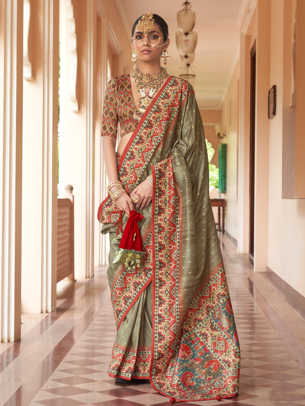 Olive foil silk blend saree with rust blouse piece