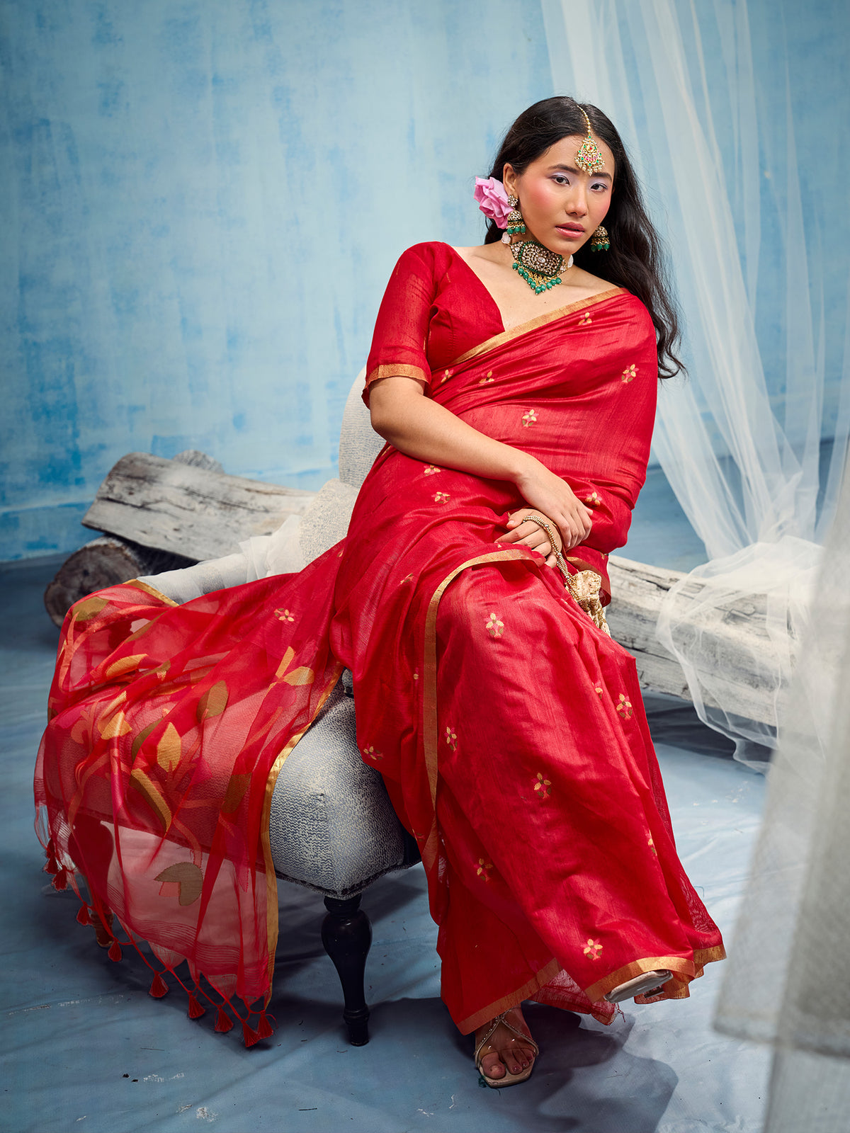 Red Muga Cotton saree – detail view 2
