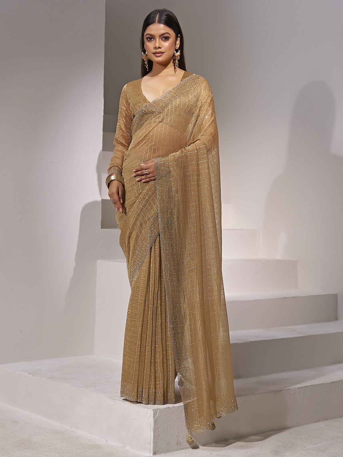 Mustard striped organza saree with mustard blouse piece