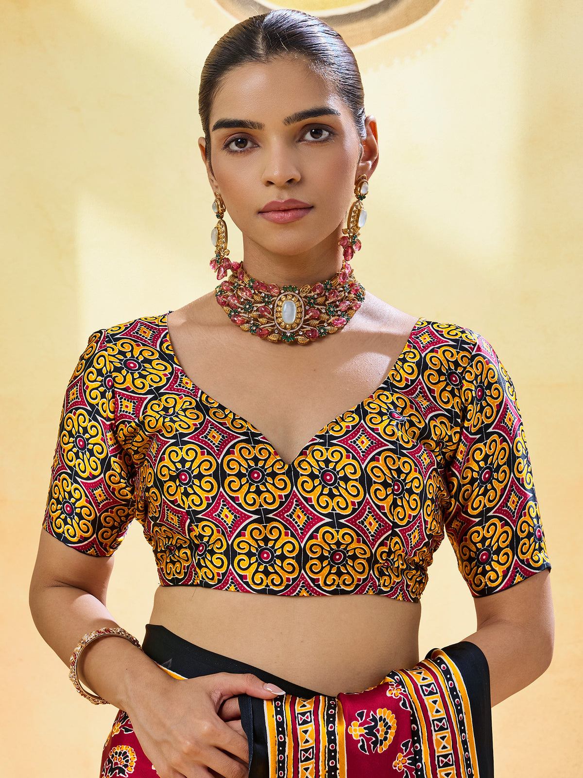 Unstitched mustard satin blouse piece with ajrak design