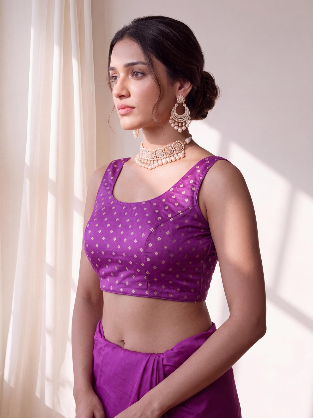 Violet zari woven silk blend sleeveless readymade saree blouse with round neck view 2
