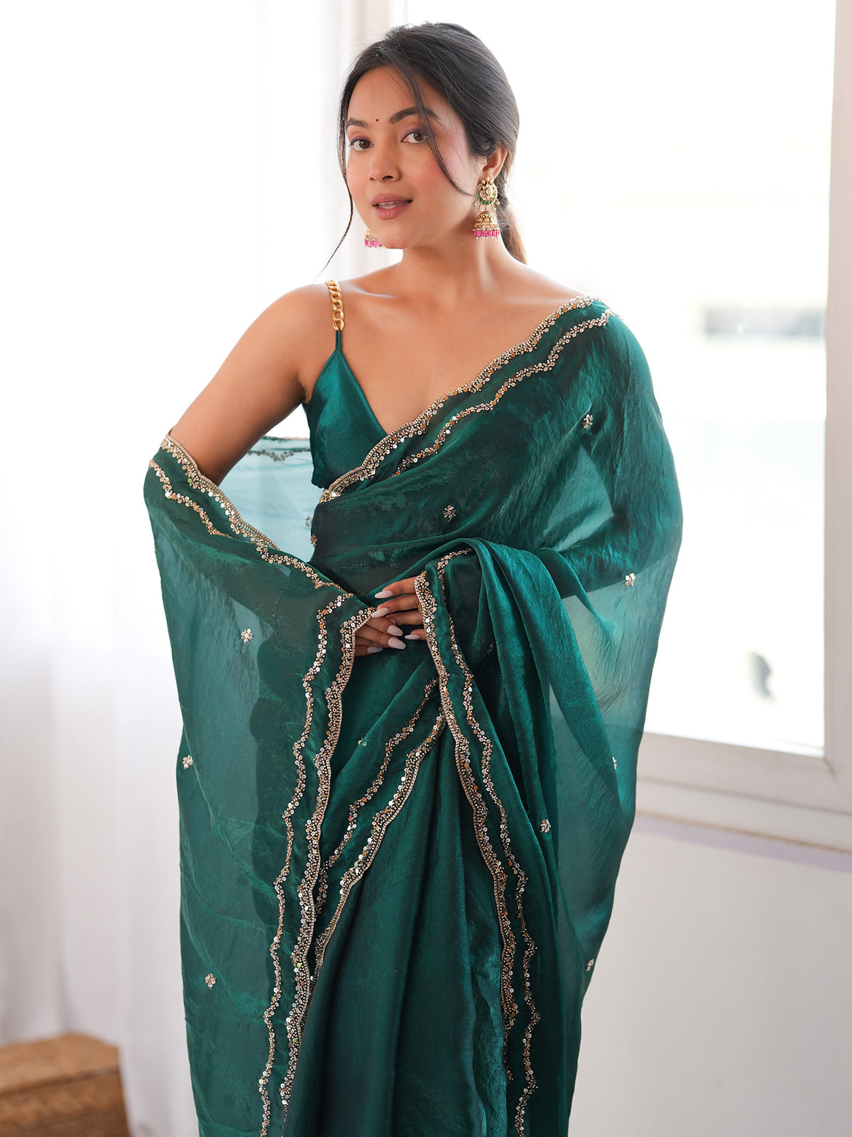 Teal Green Satin Silk saree – detail view 3