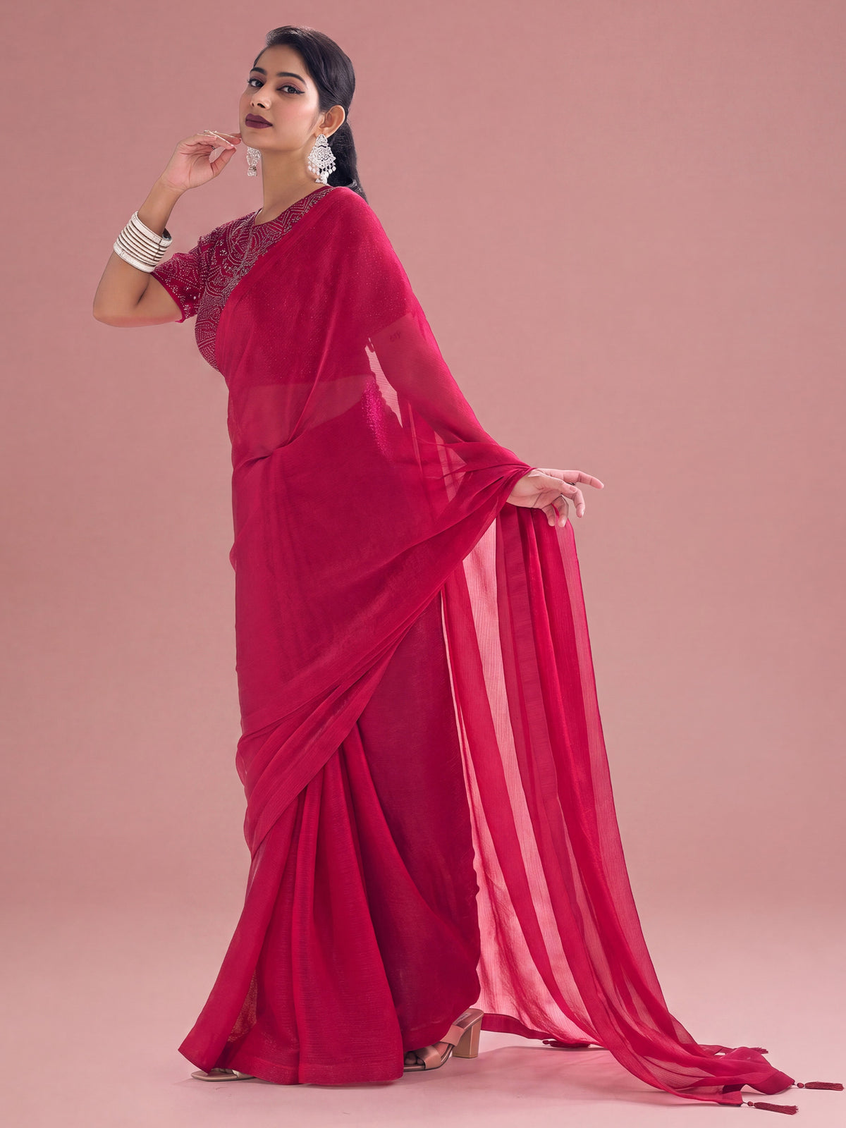 Pink Satin Silk saree – detail view 2