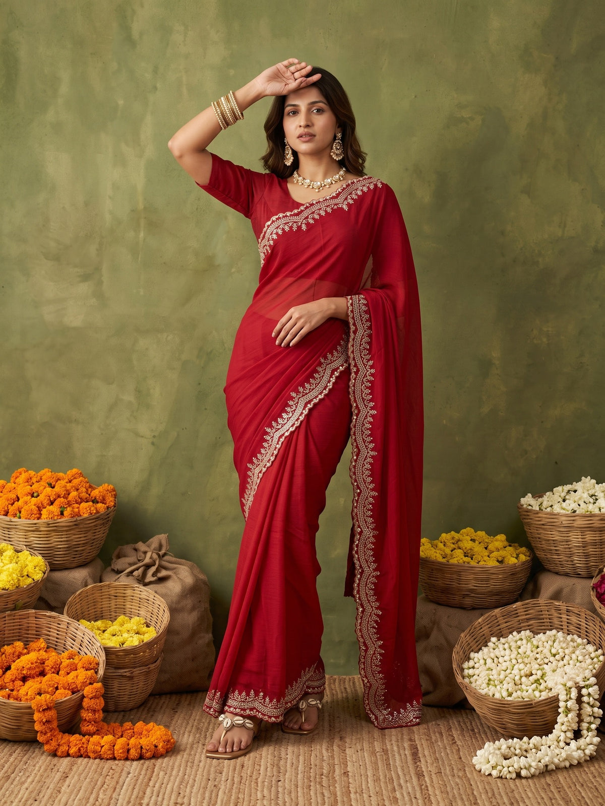 Red Satin Silk saree – detail view 3