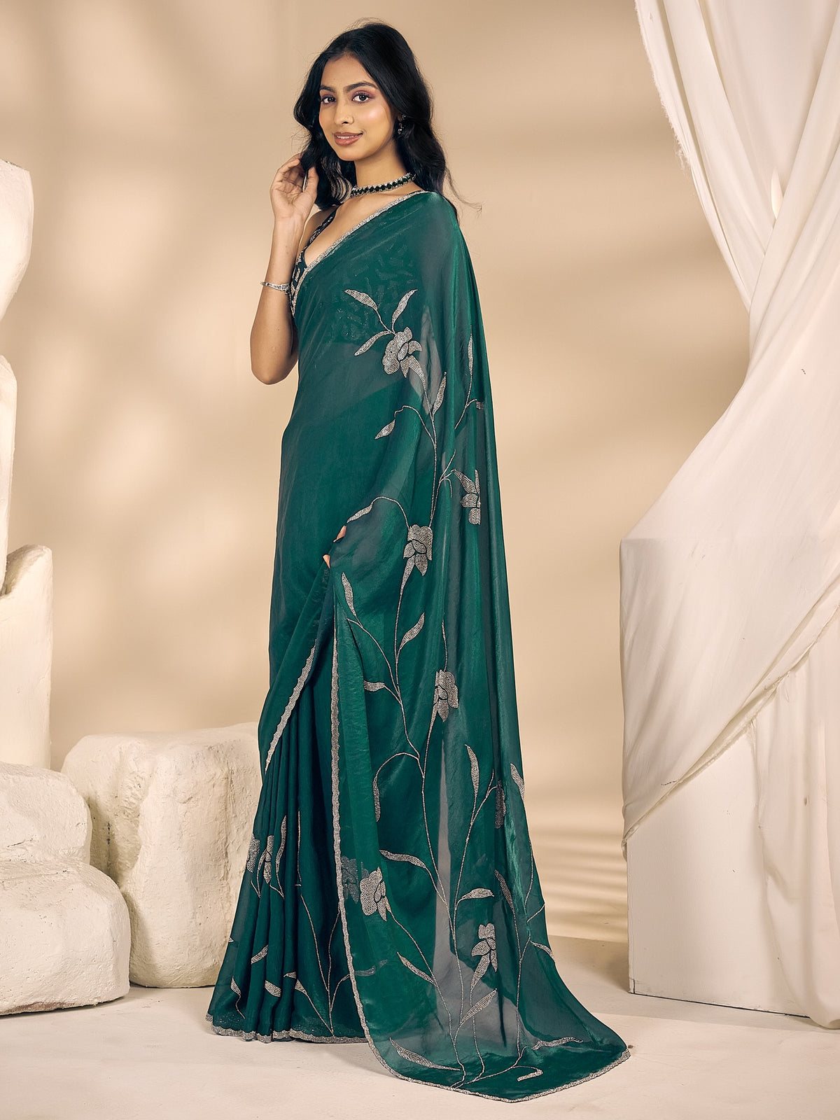 Teal Green satin silk saree view 1