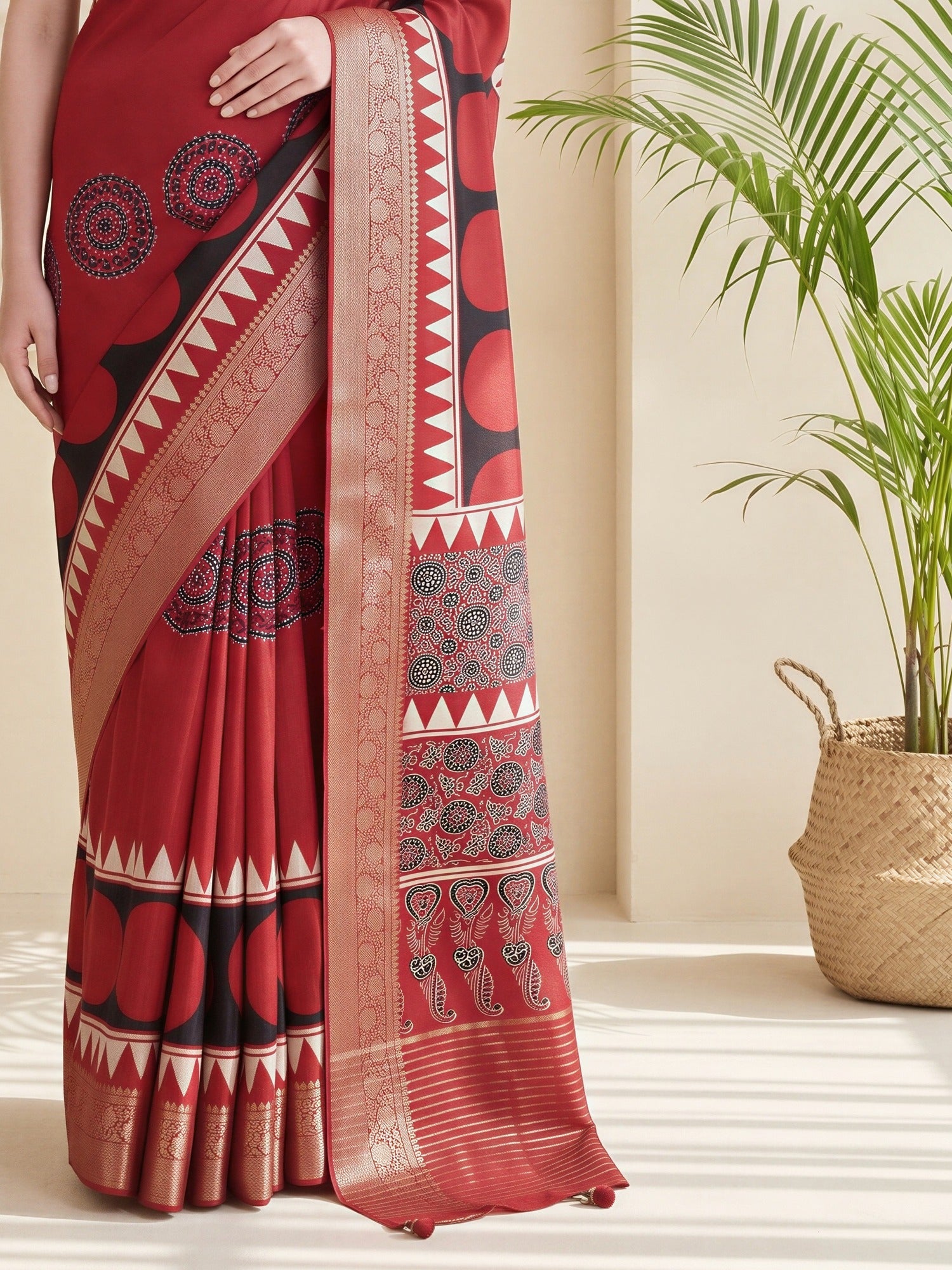 Pallu detail of red viscose silk saree showing ajrak block-print motif work and zari border