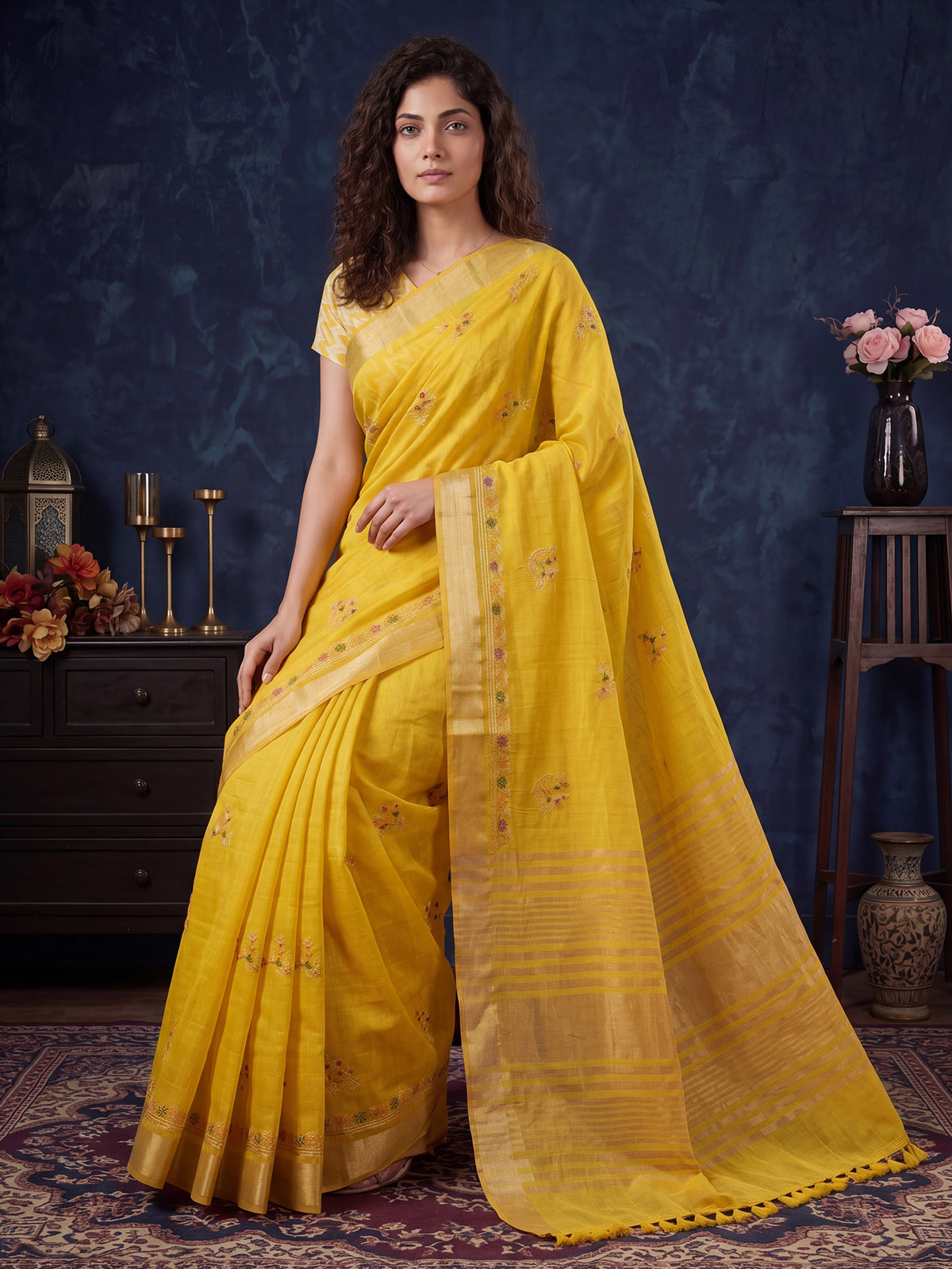 Yellow Cotton Linen saree – detail view 3