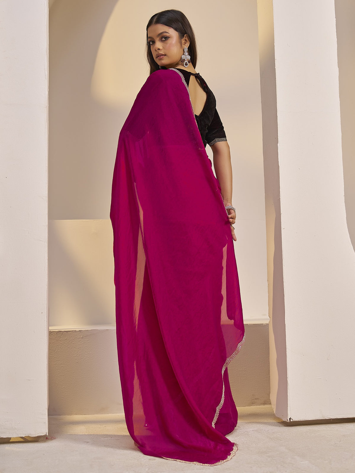 Magenta satin silk saree view 4