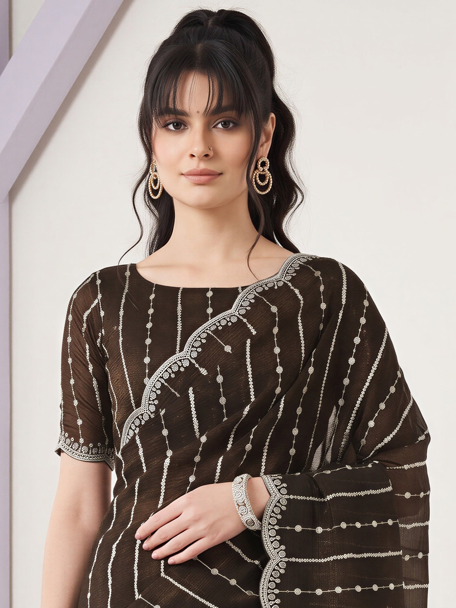 Olive Chiffon saree – detail view 4