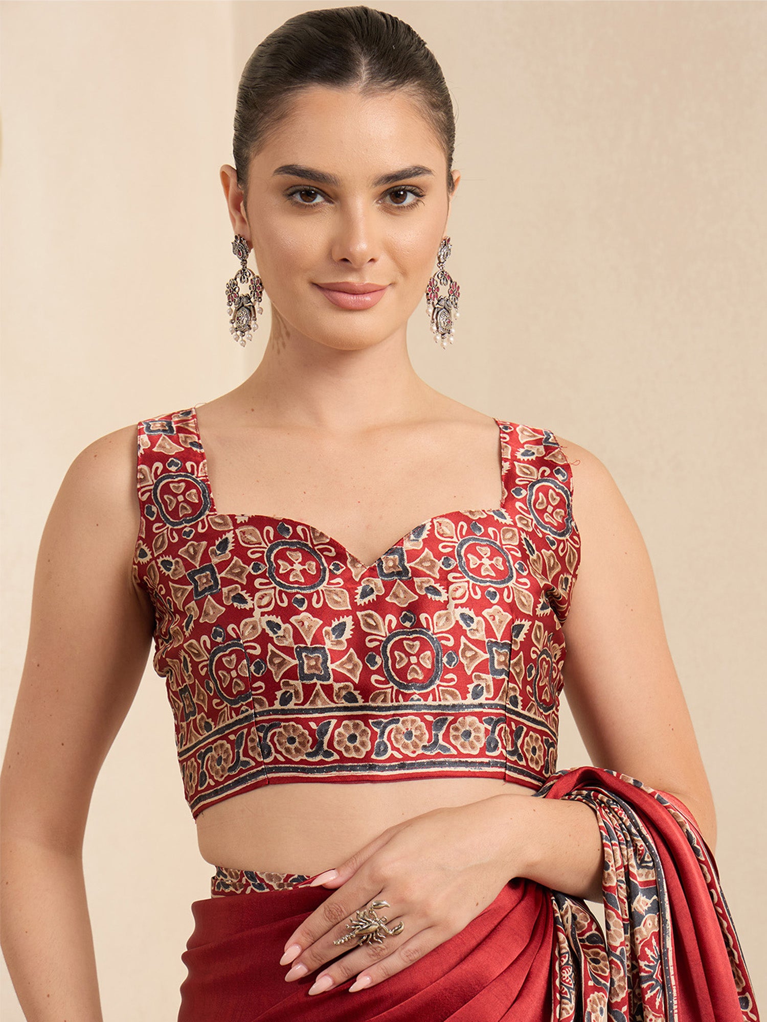 Unstitched maroon crepe blouse piece with ajrak design