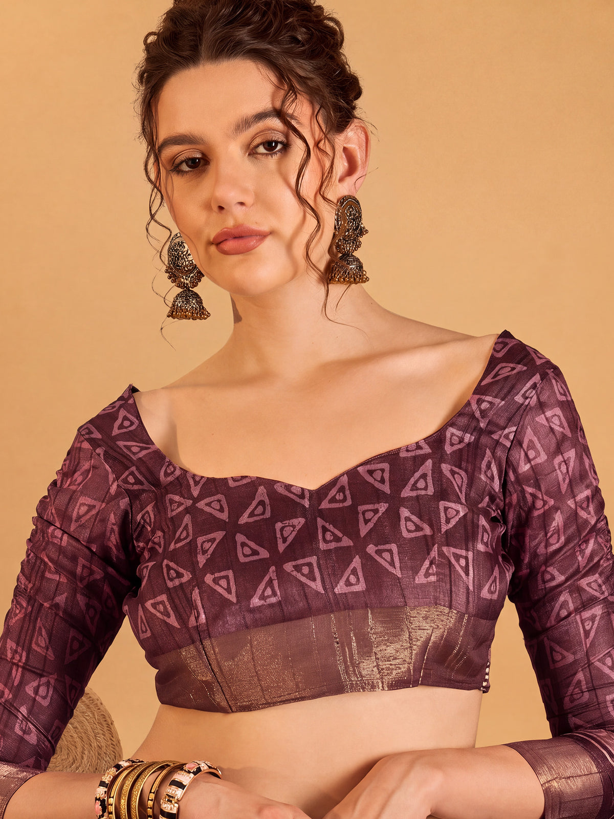 Unstitched wine silk blend blouse piece with block prints design