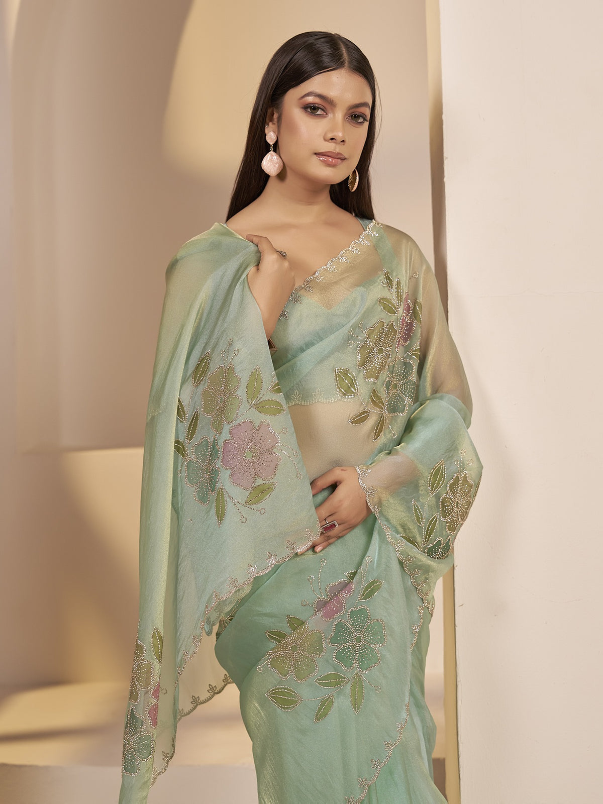 Sea Green organza saree view 3